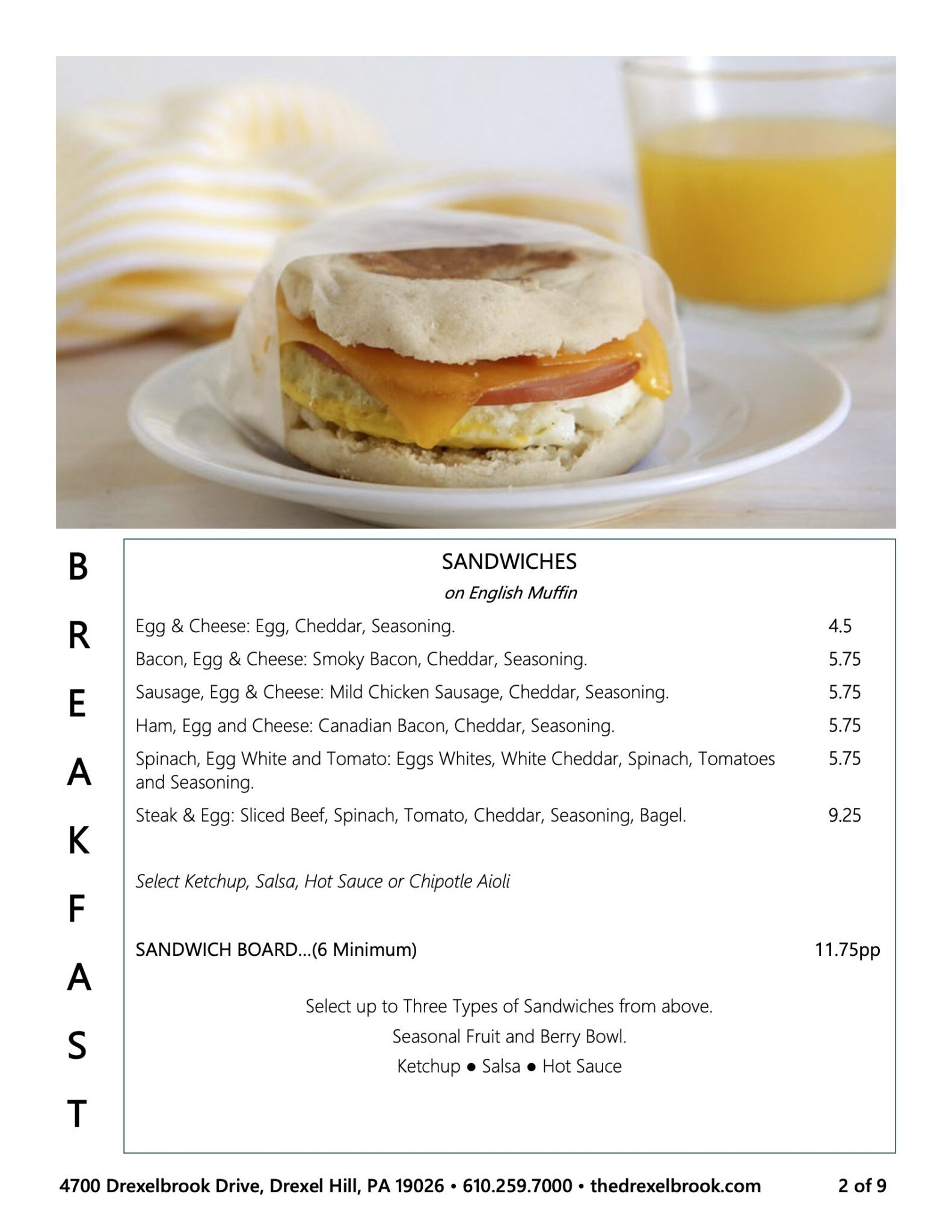 Drexelbrook breakfast sandwiches on english muffin options