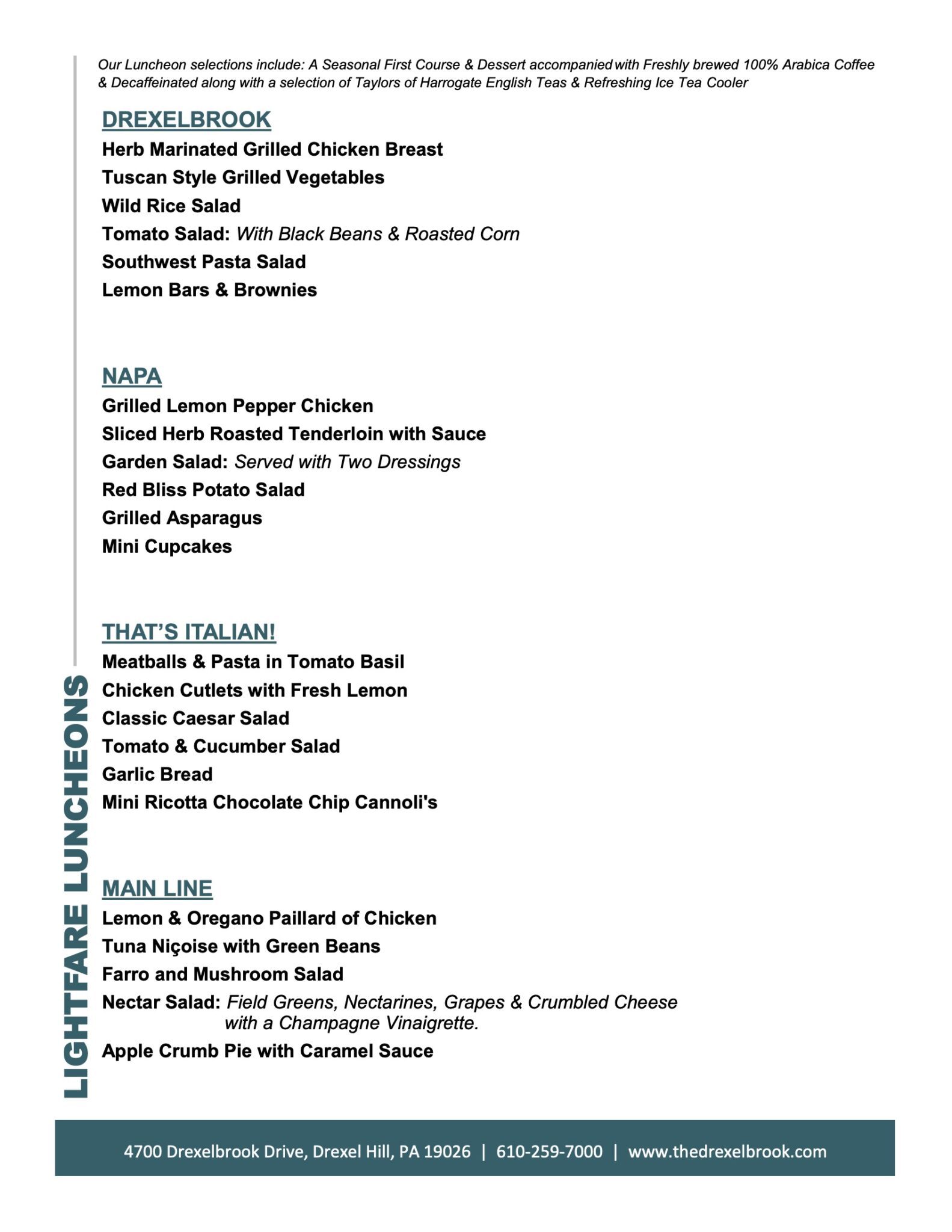 Drexelbrook catering menu for luncheons