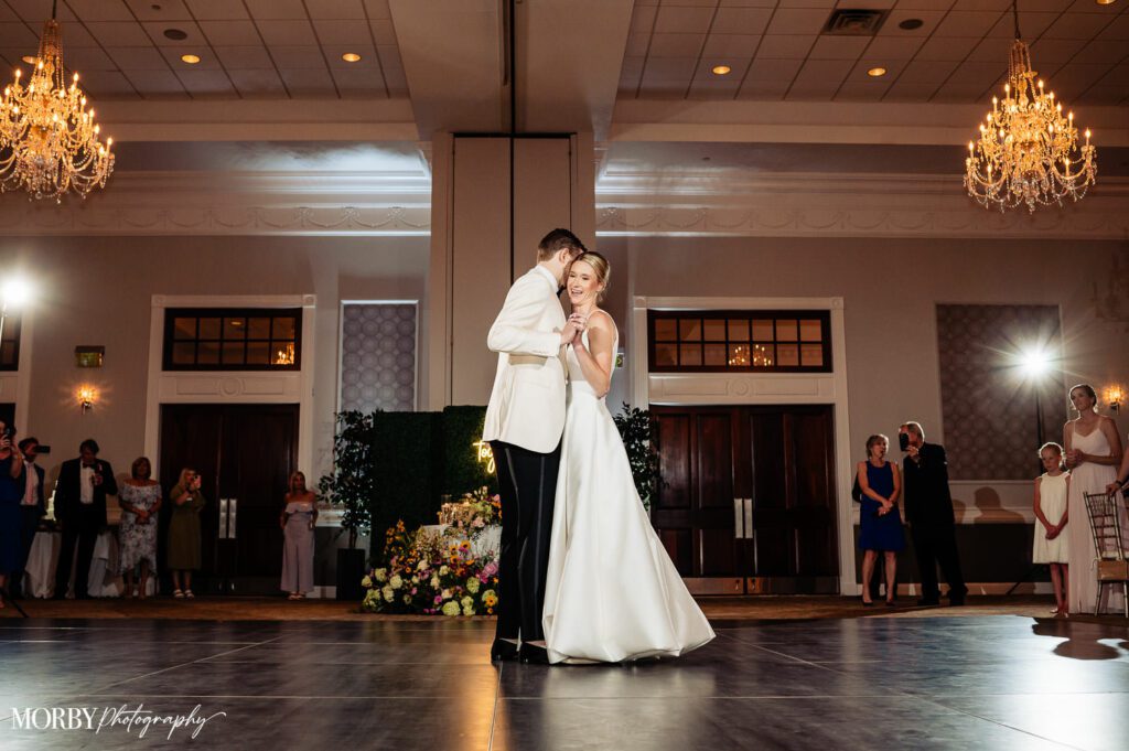 Bride and groom having their first dance at their reception.